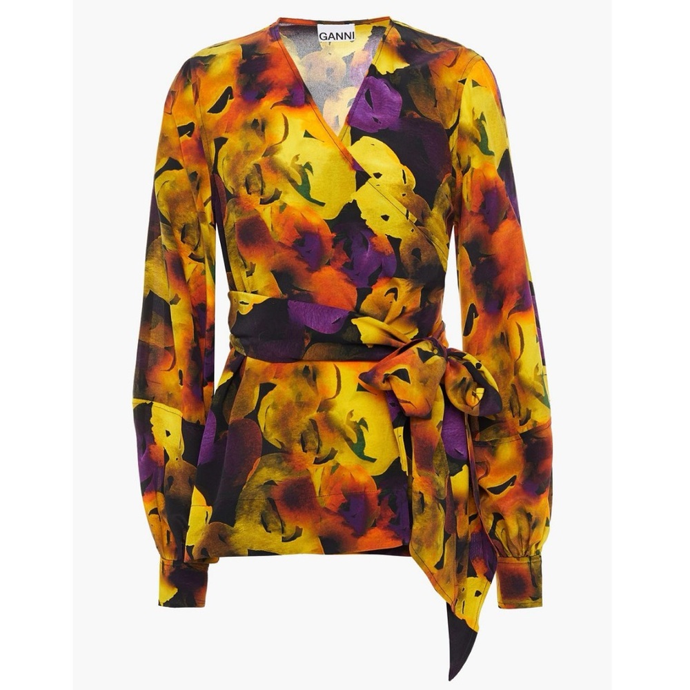 Ganni Yellow Floral Wrap Blouse with Purple and Orange Accents